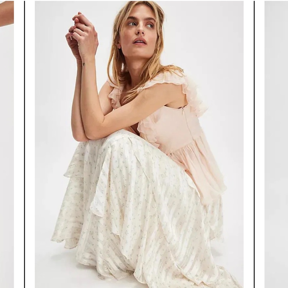 Free People floral cascade Maxi Skirt ivory size 4 NWT - Picture 4 of 10